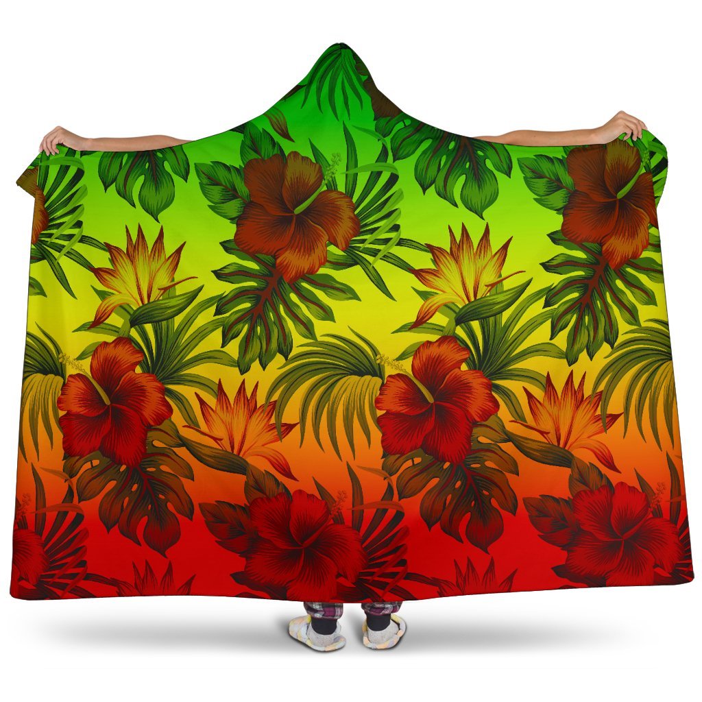 Polynesian Hooded Blanket - Reggae Hibiscus Patterns Hooded Blanket Red - Polynesian Pride