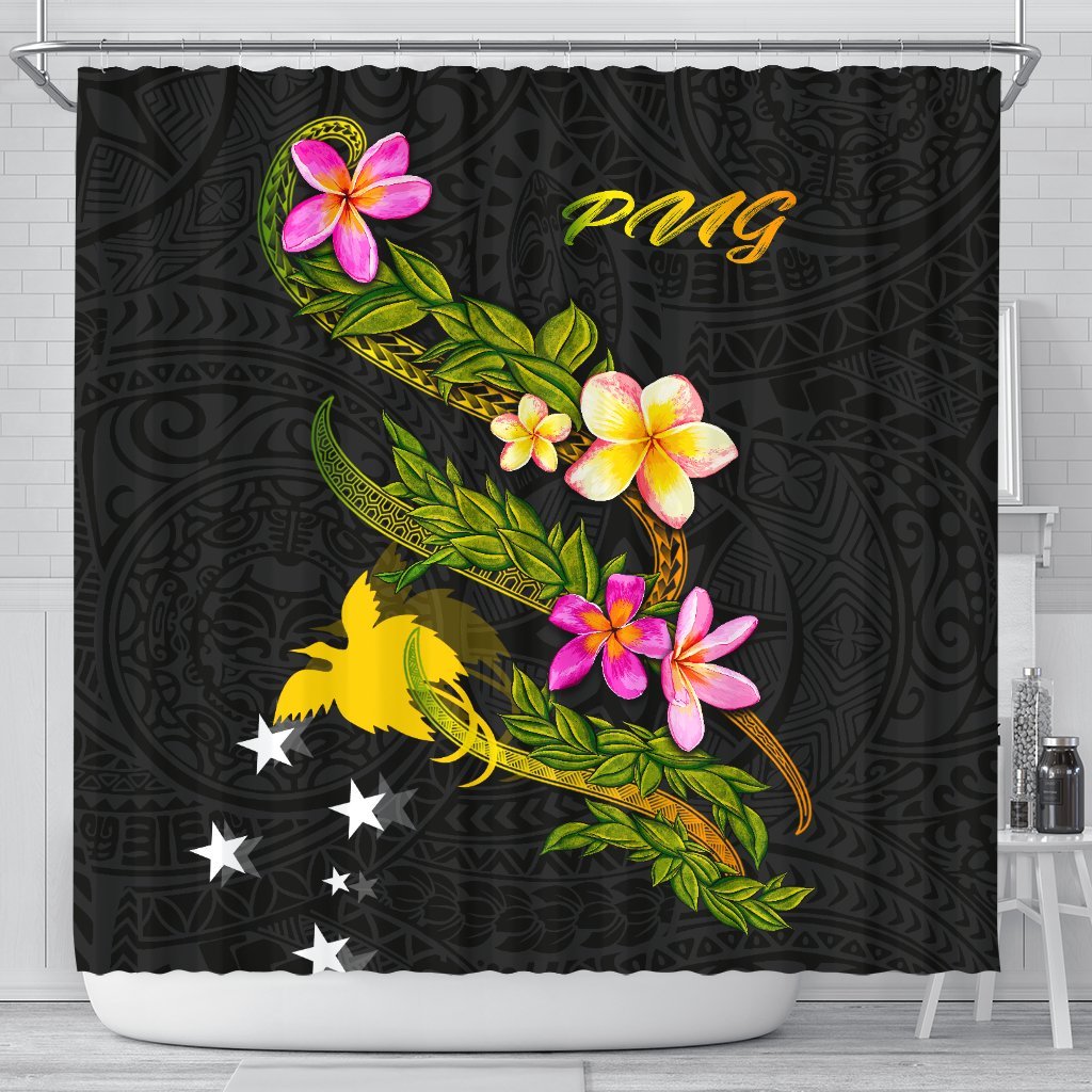 Papua New Guinea Polynesian Shower Curtain - Plumeria Tribal 177 x 172 (cm) Black - Polynesian Pride