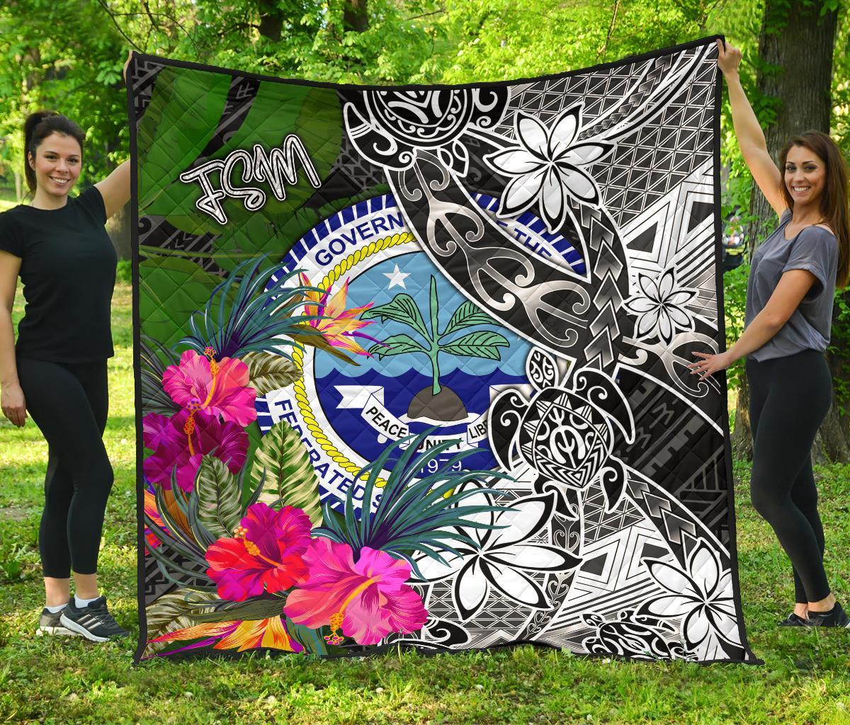 Federated States of Micronesia Premium Quilt - Turtle Plumeria Banana Leaf Black - Polynesian Pride
