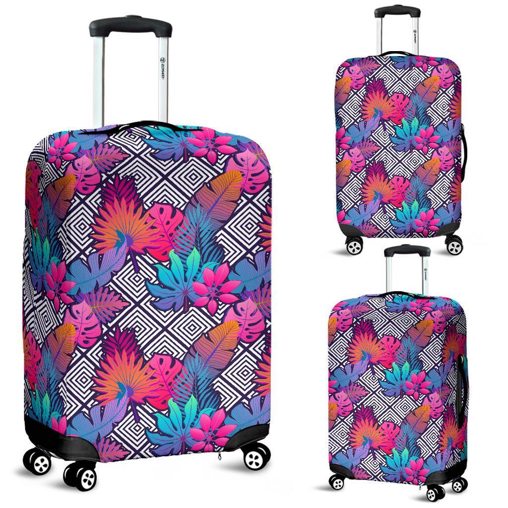 Tropical Exotic Leaves And Flowers On Geometrical Ornament Luggage Cover White - Polynesian Pride