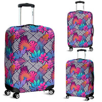 Tropical Exotic Leaves And Flowers On Geometrical Ornament Luggage Cover White - Polynesian Pride