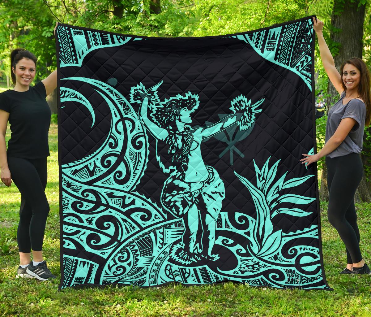 Polynesian Hawaii Premium Quilt - Hula Girl Neon Blue - Polynesian Pride