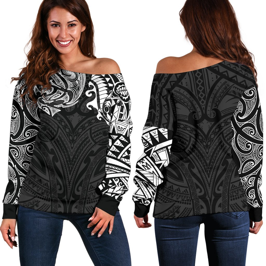 New Zealand Women's Off Shoulder Sweater, Maori Polynesian Tattoo White White - Polynesian Pride