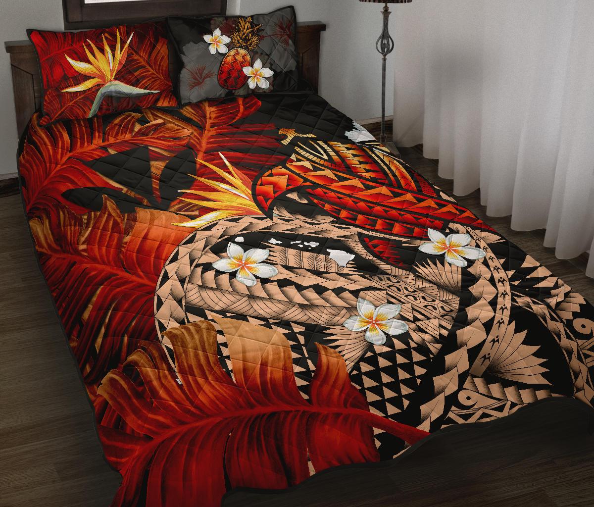 Kanaka Maoli (Hawaiian) Quilt Bed Set, Polynesian Pineapple Banana Leaves Turtle Tattoo Red - Polynesian Pride