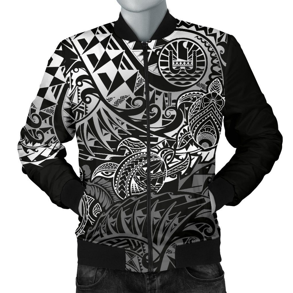 Tahiti Polynesian Men Bomber Jacket - White Turtle Hibiscus Flowing - Polynesian Pride