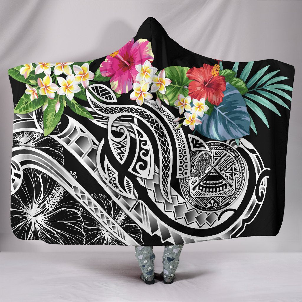 Polynesian American Samoa Hooded Blanket - Summer Plumeria (Black) Hooded Blanket Black - Polynesian Pride