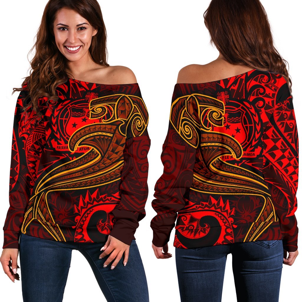 Samoa Women's Off Shoulder Sweater - Red Shark Polynesian Tattoo Red - Polynesian Pride