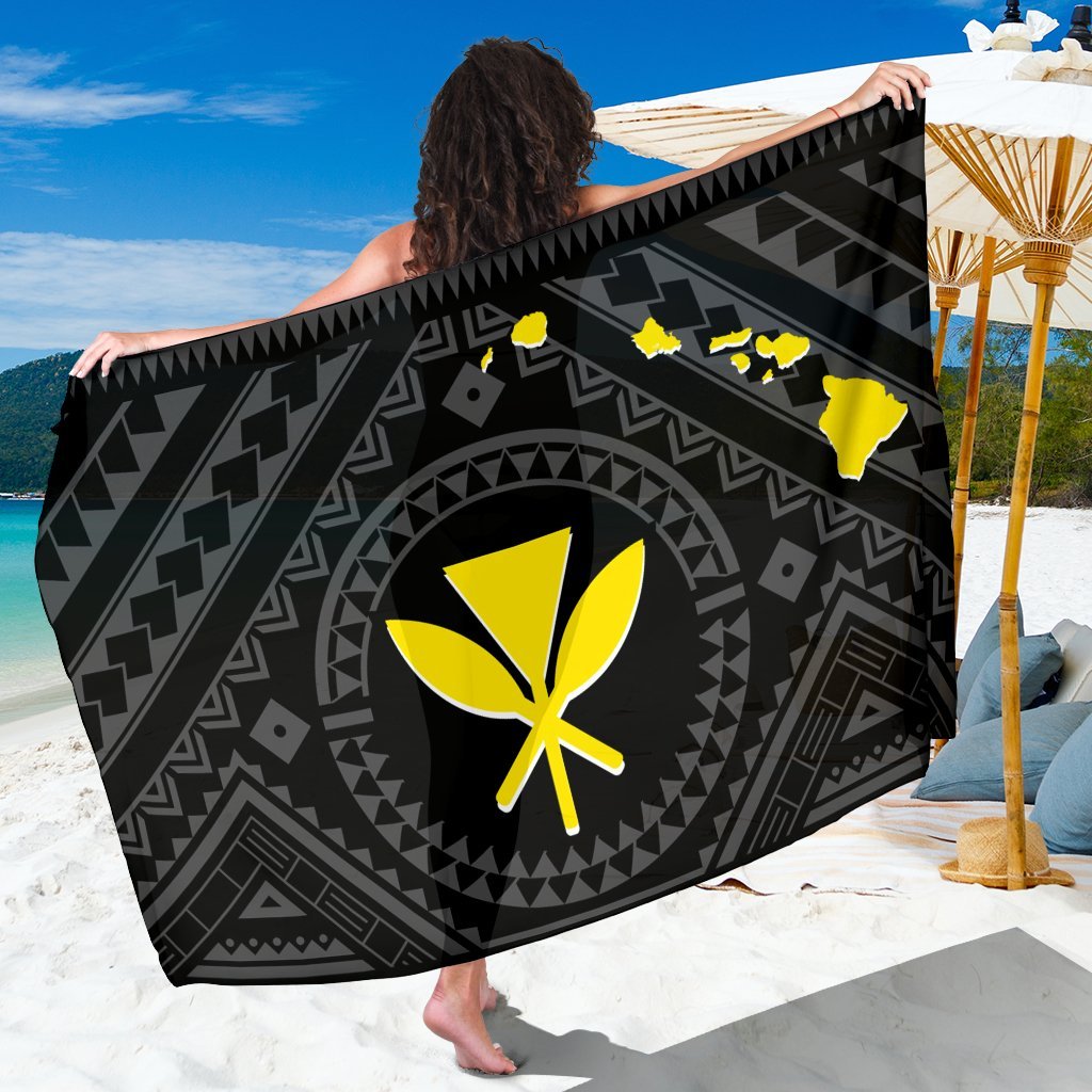 Hawaii Sarong - Hawaii Kanaka Maoli And Map ( Black) One Style One Size Black - Polynesian Pride