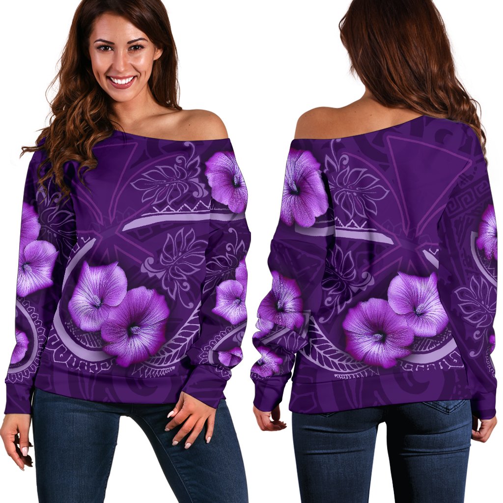 Hawaii Women's Off Shoulder Sweater - Hibiscus Purple Purple - Polynesian Pride