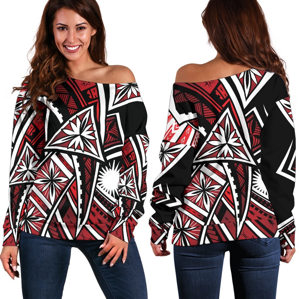 Marshall Islands Women's Off Shoulder Sweaters - Tribal Flower Special Pattern Red Color Red - Polynesian Pride