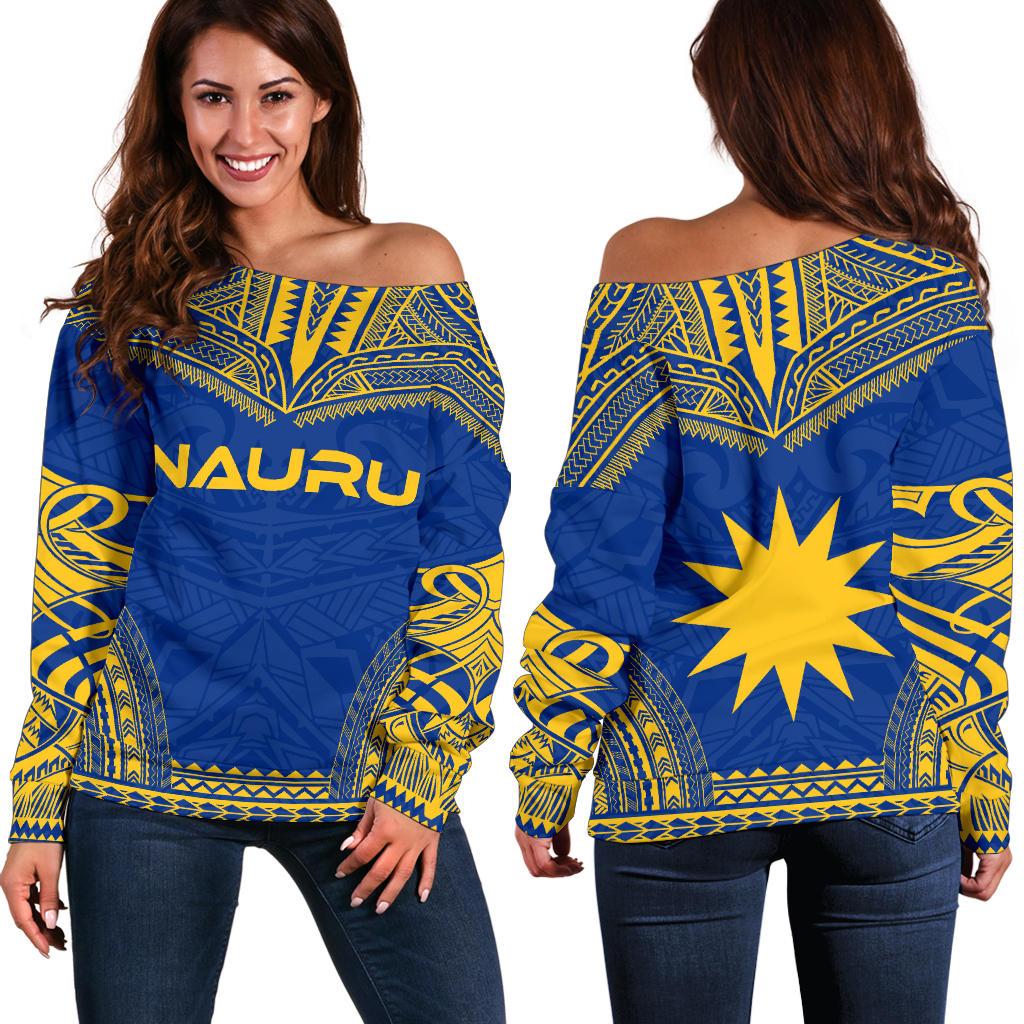 Nauru Flag Polynesian Chief Women's Off Shoulder Sweater Blue - Polynesian Pride