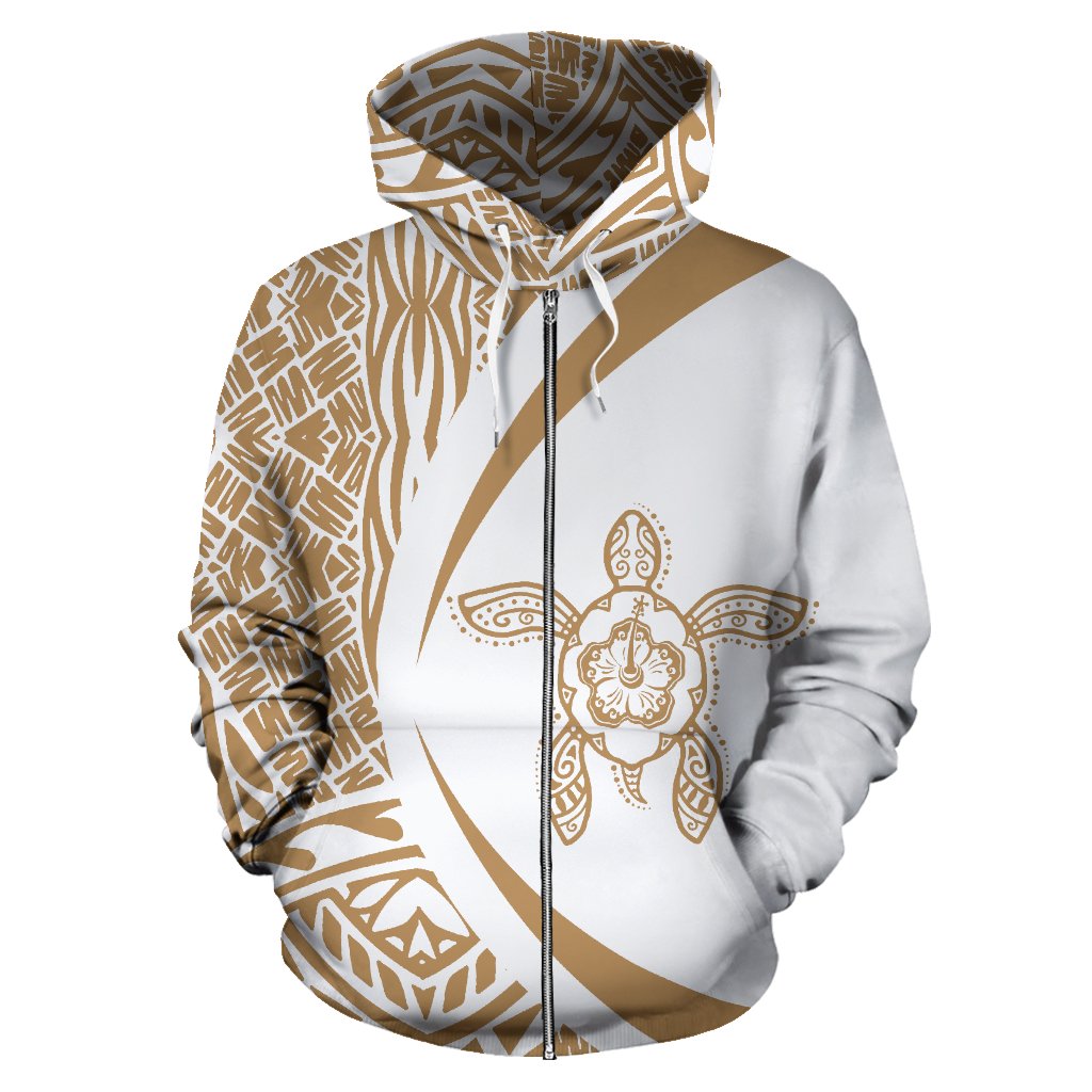 Hawaii Turtle Polynesian Zip up Hoodie Circle Style Golden and White - Polynesian Pride