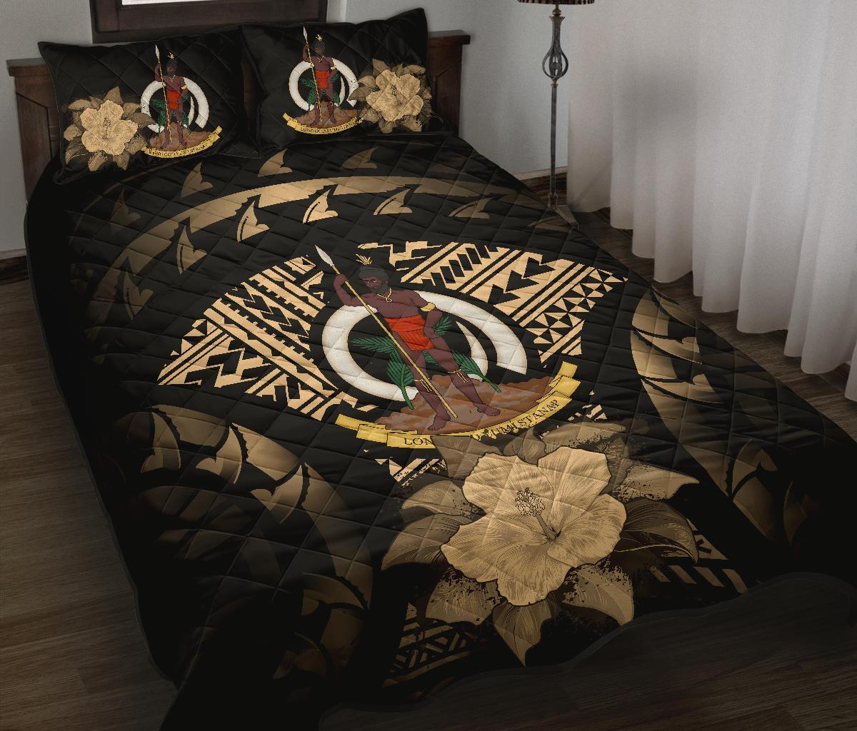 Vanuatu Polynesian Quilt Bed Set Hibiscus Gold Black - Polynesian Pride