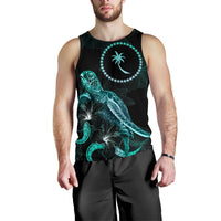 Chuuk Polynesian Men Tank Top - Turtle With Blooming Hibiscus Tuquoise - Polynesian Pride