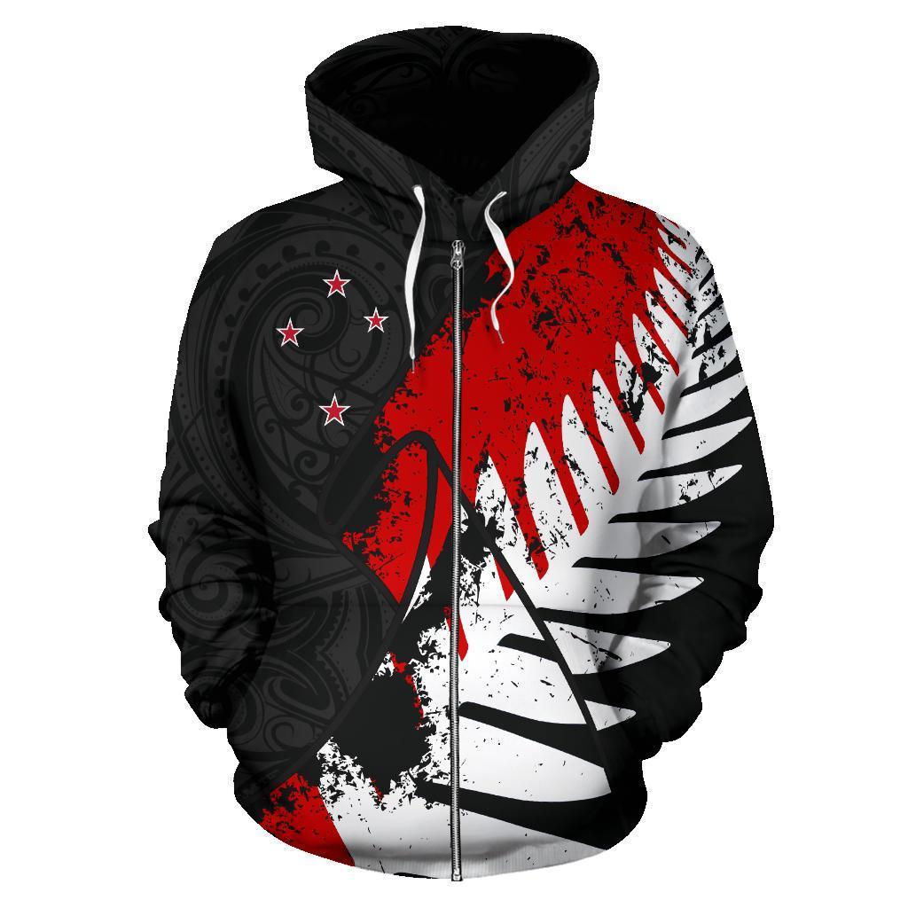 New Zealand Maori Zip Hoodie, Silver Fern Flag Full Zip Hoodie Unisex Black - Polynesian Pride