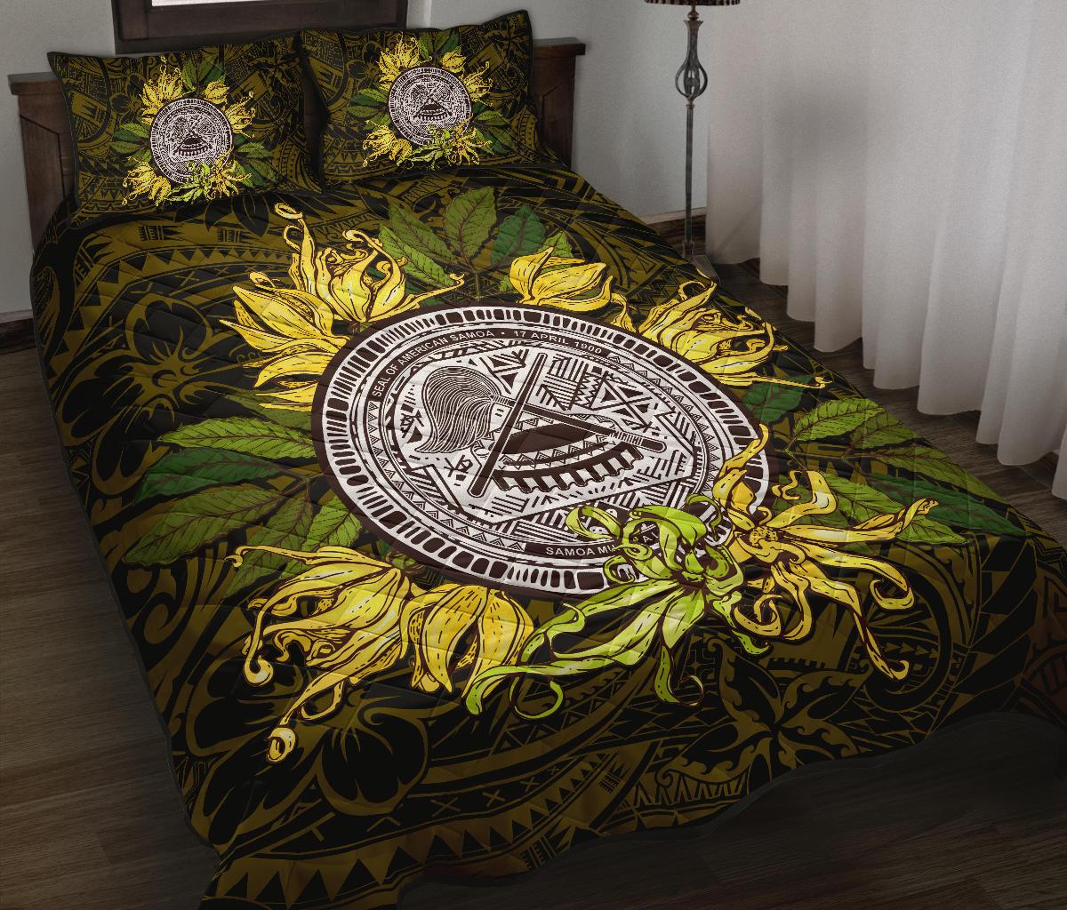 American samoa Bed Quilt Set Ylang Ylang Flowers Black - Polynesian Pride