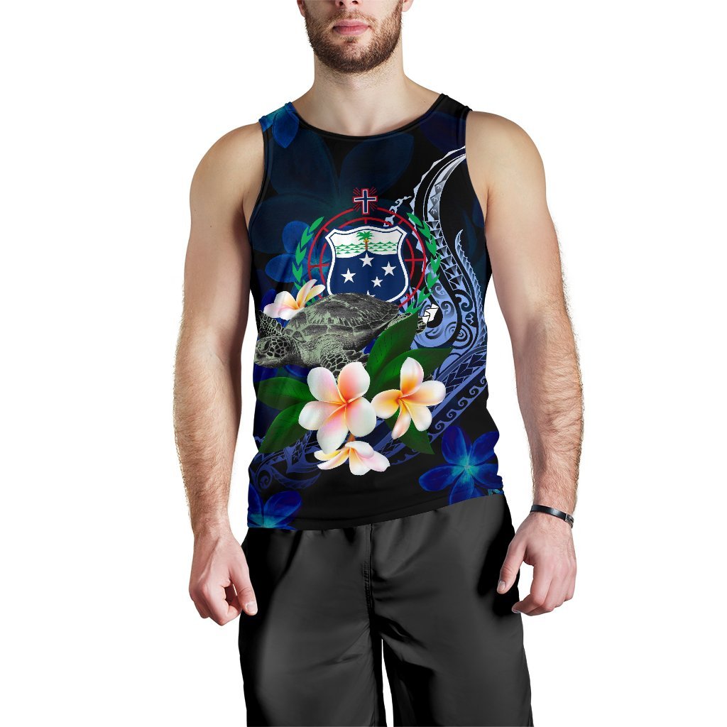 Samoa Polynesian Men's Tank Top - Turtle With Plumeria Flowers Blue - Polynesian Pride