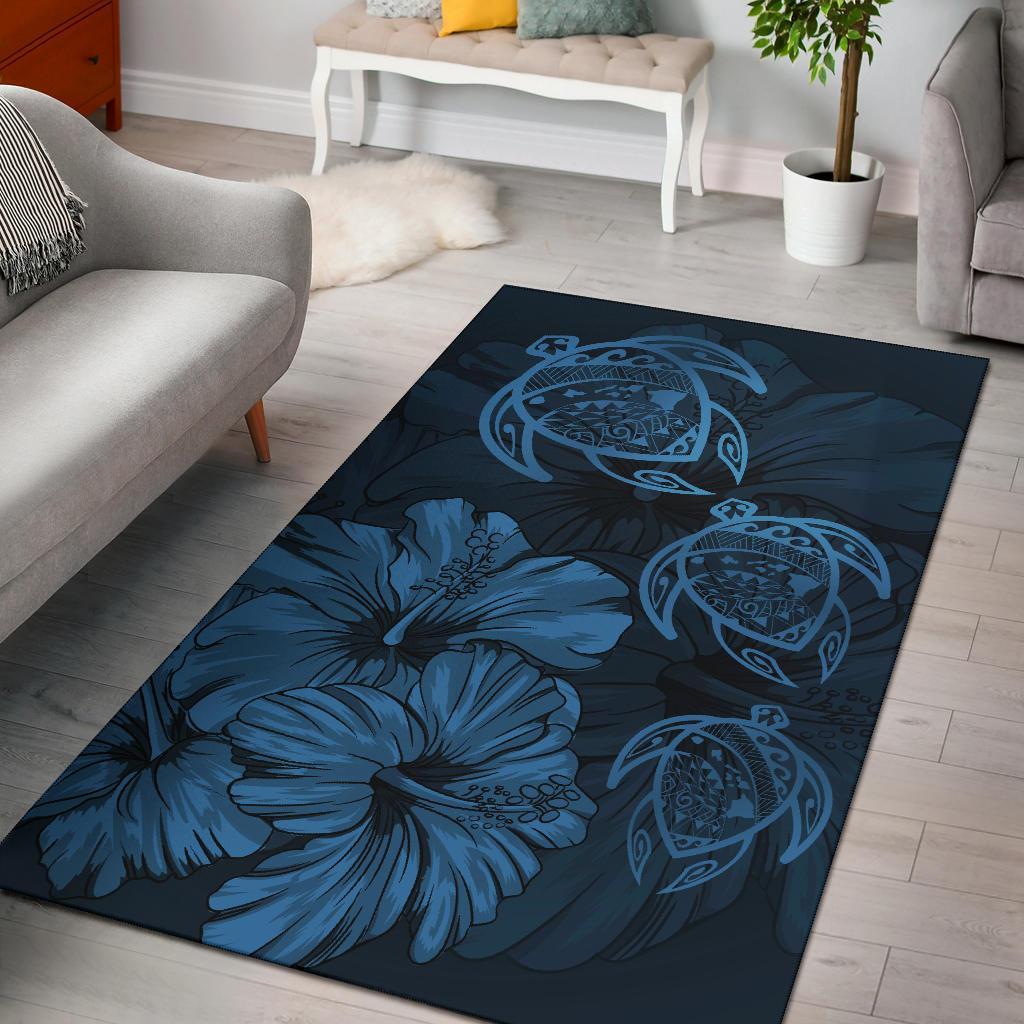 Hawaiian Map Hibiscus Flowers Vintage Polynesian Rug AH Rug Blue Black - Polynesian Pride