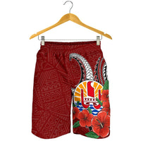 Tahiti Polynesian Men Shorts - Hibiscus Coat of Arm Red - Polynesian Pride