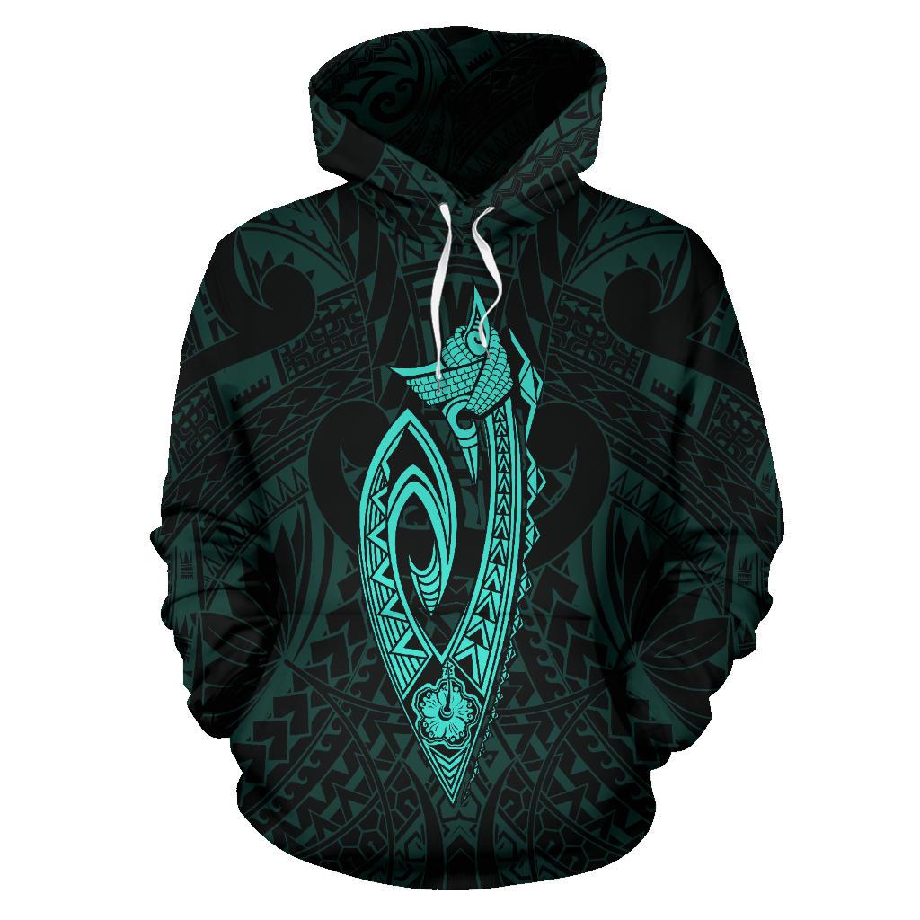 Polynesian Fish Hook Kanaka Map of Hawaii Hoodie Turquoise - Polynesian Pride