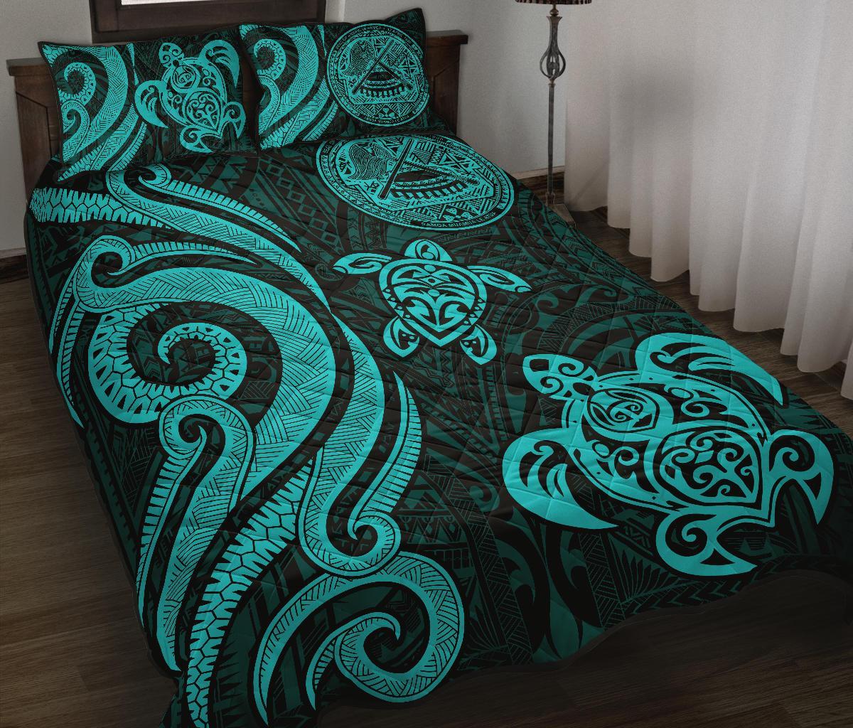 American Samoa Quilt Bed Set - Turquoise Tentacle Turtle Turquoise - Polynesian Pride