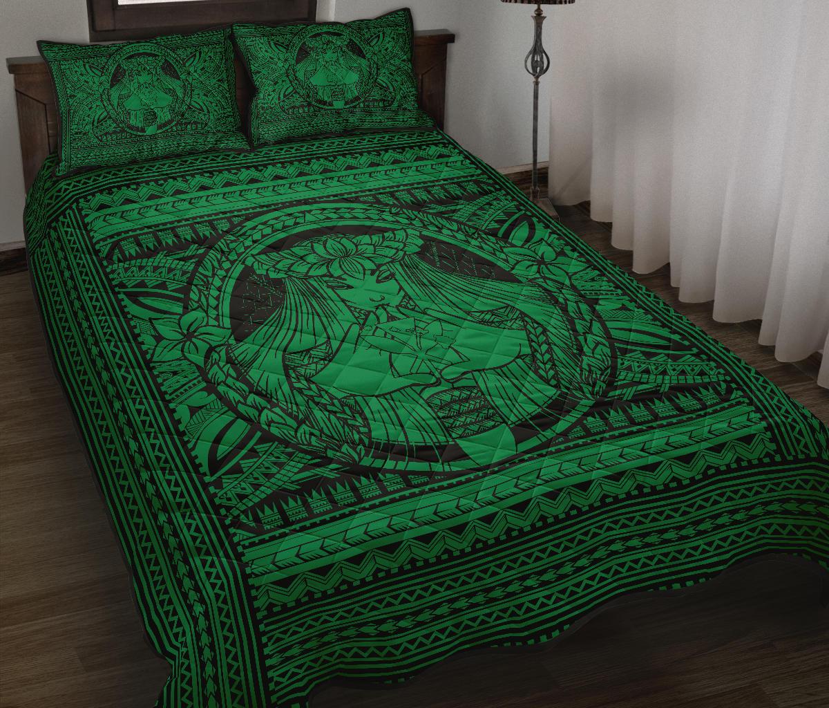 Hawaii Polynesian Pele Kanaka Quilt Bed Set Green Green - Polynesian Pride