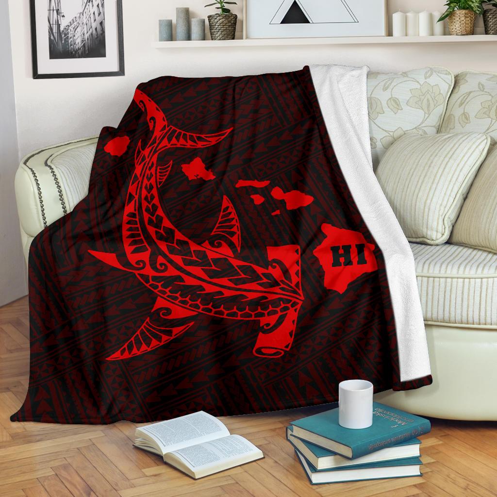 Hawaii Shark Red Polynesian Premium Blanket White - Polynesian Pride