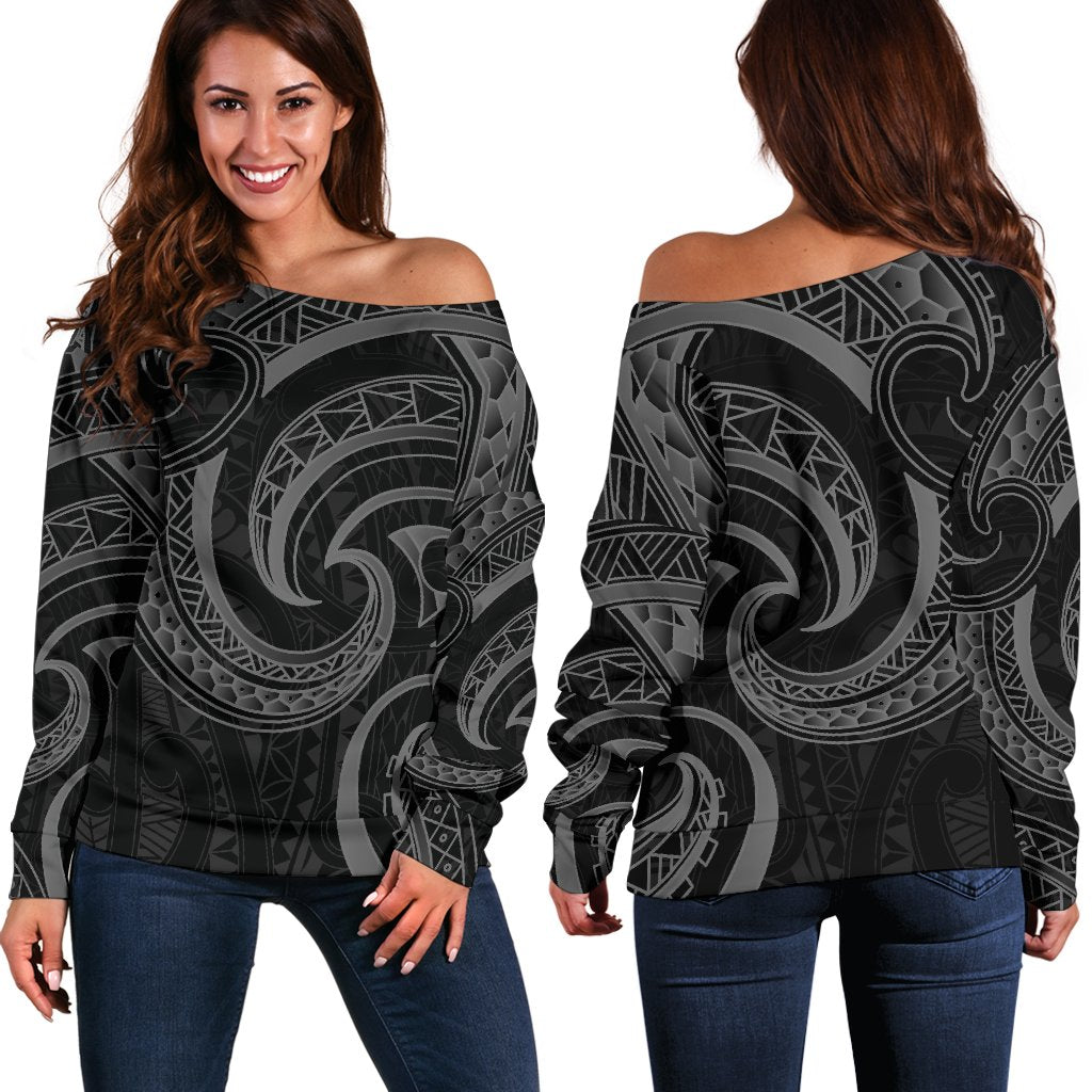 New Zealand Maori Mangopare Women Off Shoulder Sweater Polynesian - Black Black - Polynesian Pride