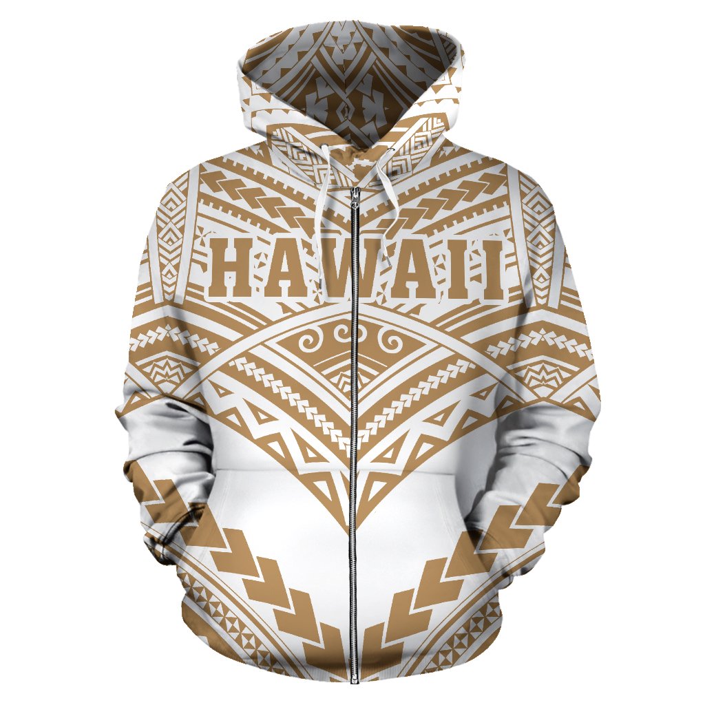 Hawaii Polynesian Zip up Hoodie Tribal New Warrior Style Golden and White Color - Polynesian Pride