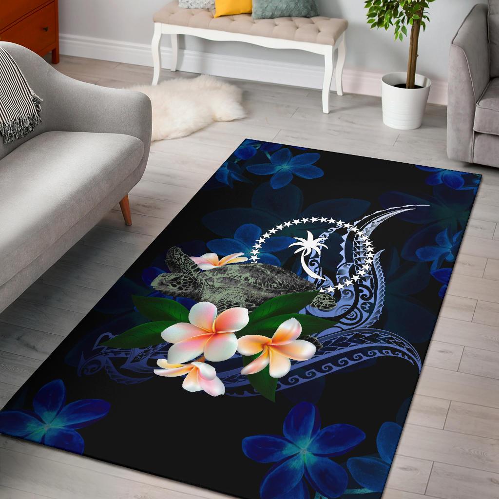 Chuuk Micronesia Area Rug - Turtle With Plumeria Flowers Blue - Polynesian Pride