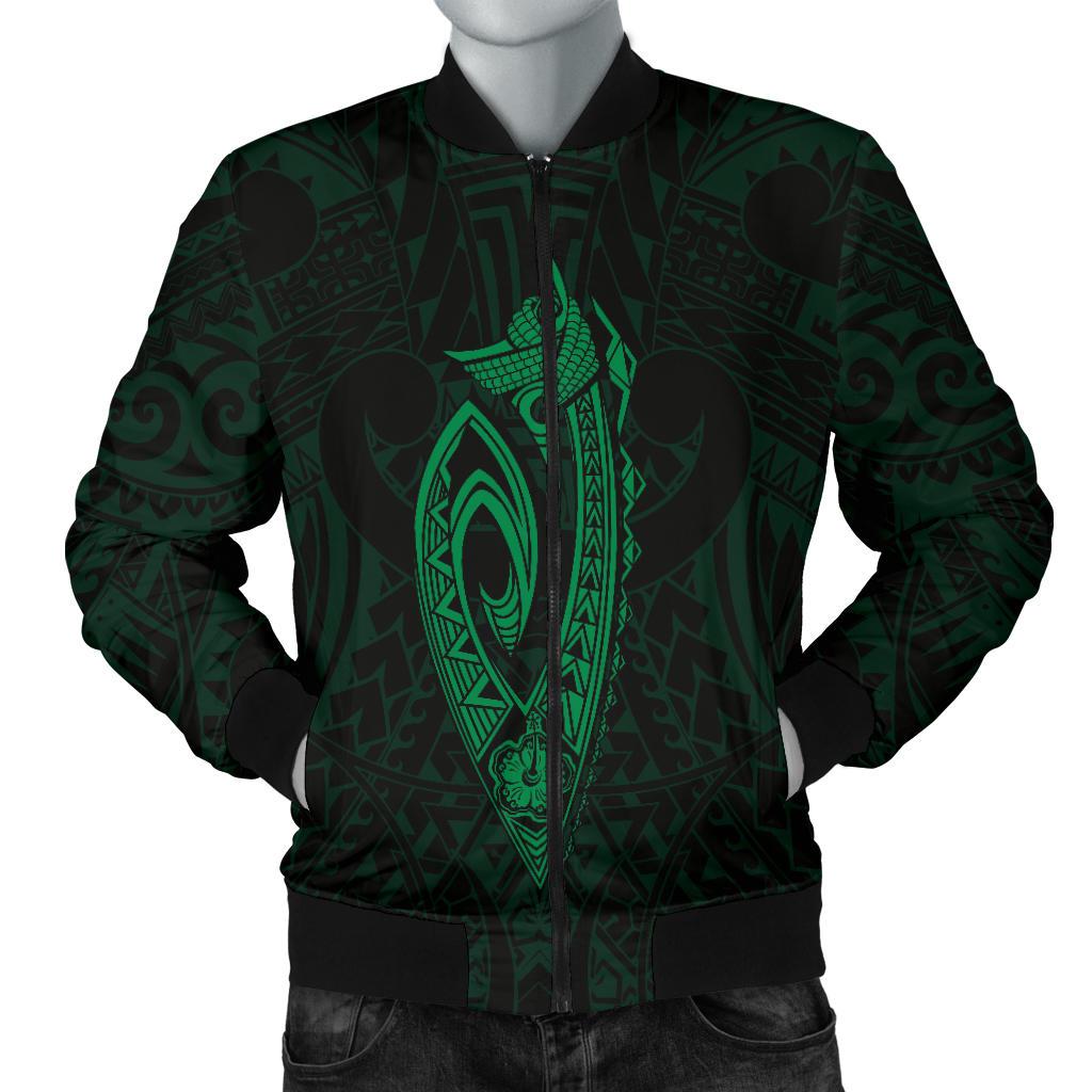 Hawaii Kakau Makau Fish Hook Kanaka Map Men's Bomber Jacket Polynesian - Green Green - Polynesian Pride