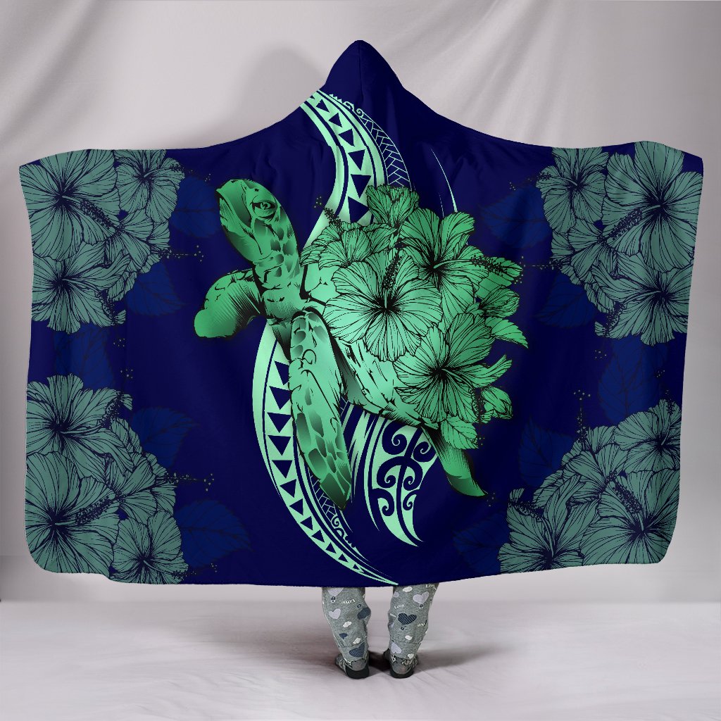 Hawaii Polynesian Turtle Hibiscus Hooded Blanket - Green Hooded Blanket Green - Polynesian Pride