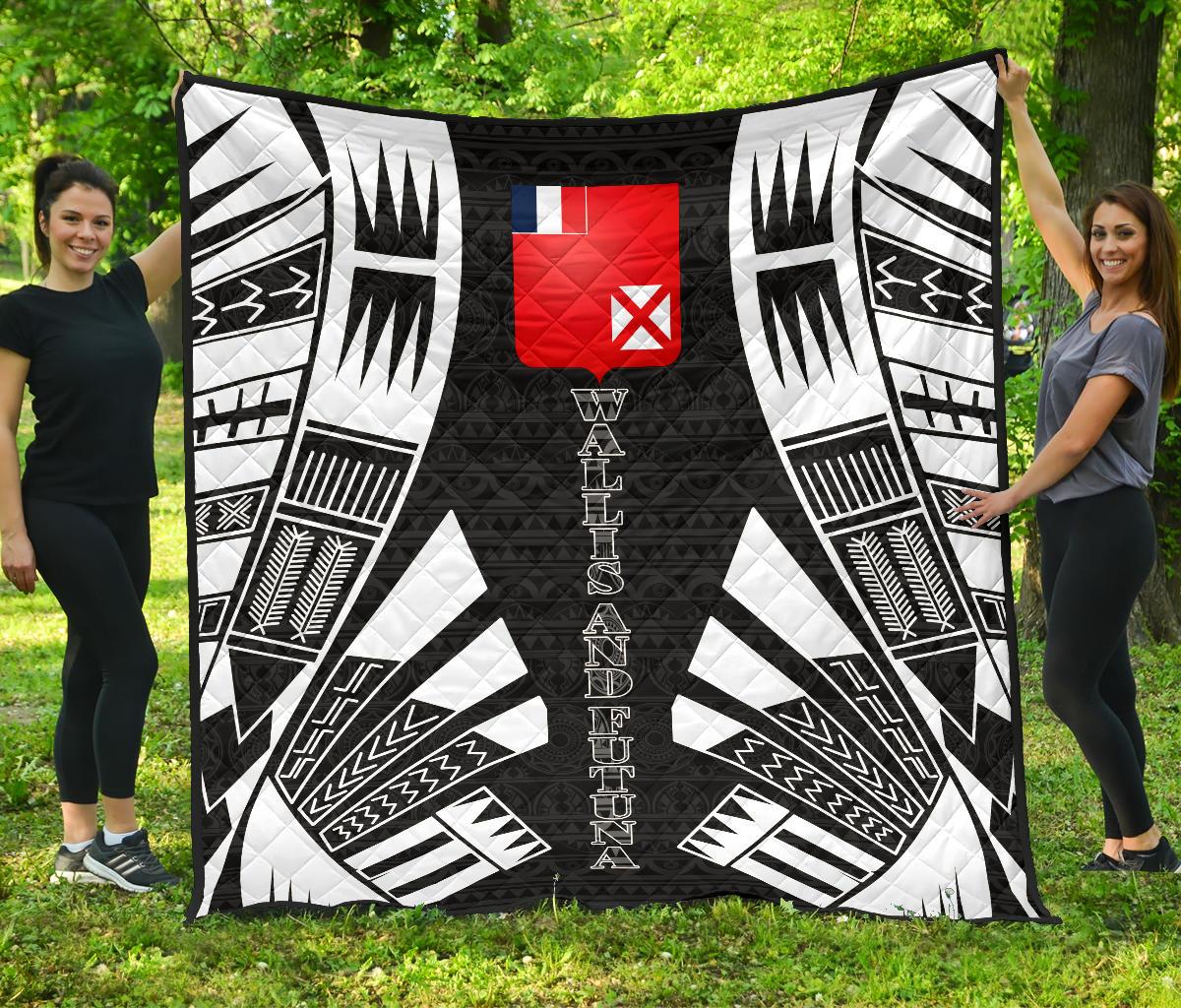 Wallis And Futuna Premium Quilt - Wallis And Futuna Coat Of Arms Polynesian White Tattoo Black - Polynesian Pride