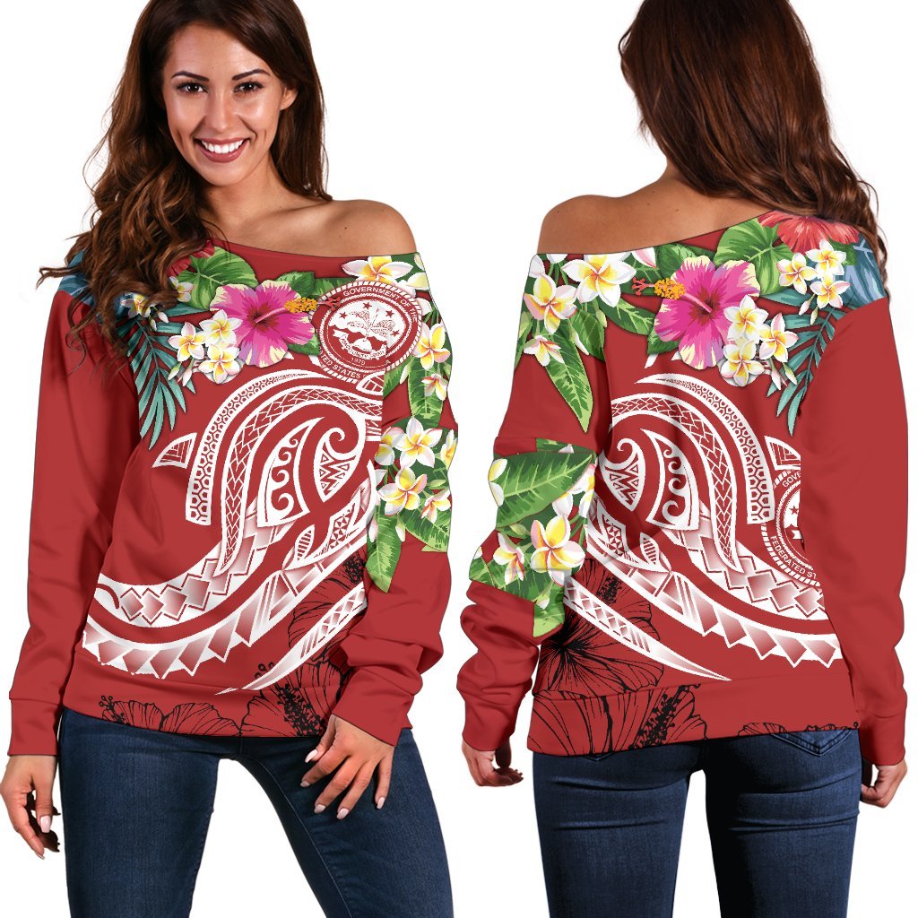 FSM Polynesian women's Off Shoulder Sweater - Summer Plumeria (Red) Red - Polynesian Pride