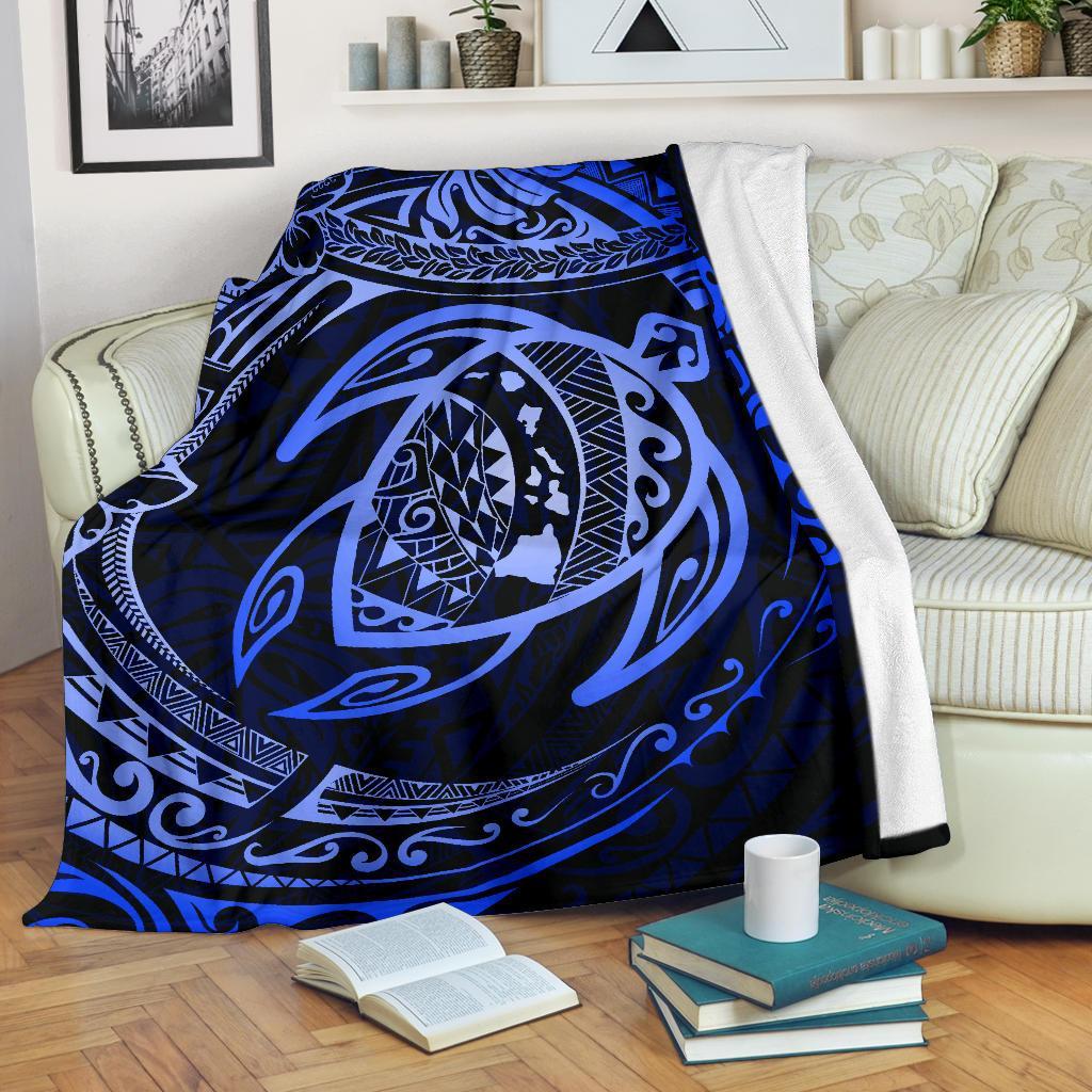 Hawaiian Turtle Polynesian Blue Premium Blanket White - Polynesian Pride