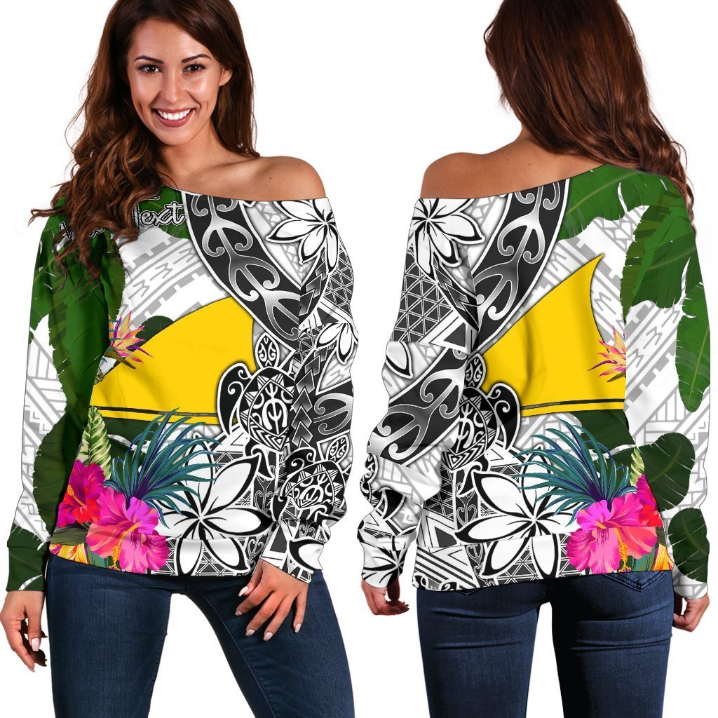 Tokelau Custom Personalised Women's Off Shoulder Sweater White - Turtle Plumeria Banana Leaf White - Polynesian Pride