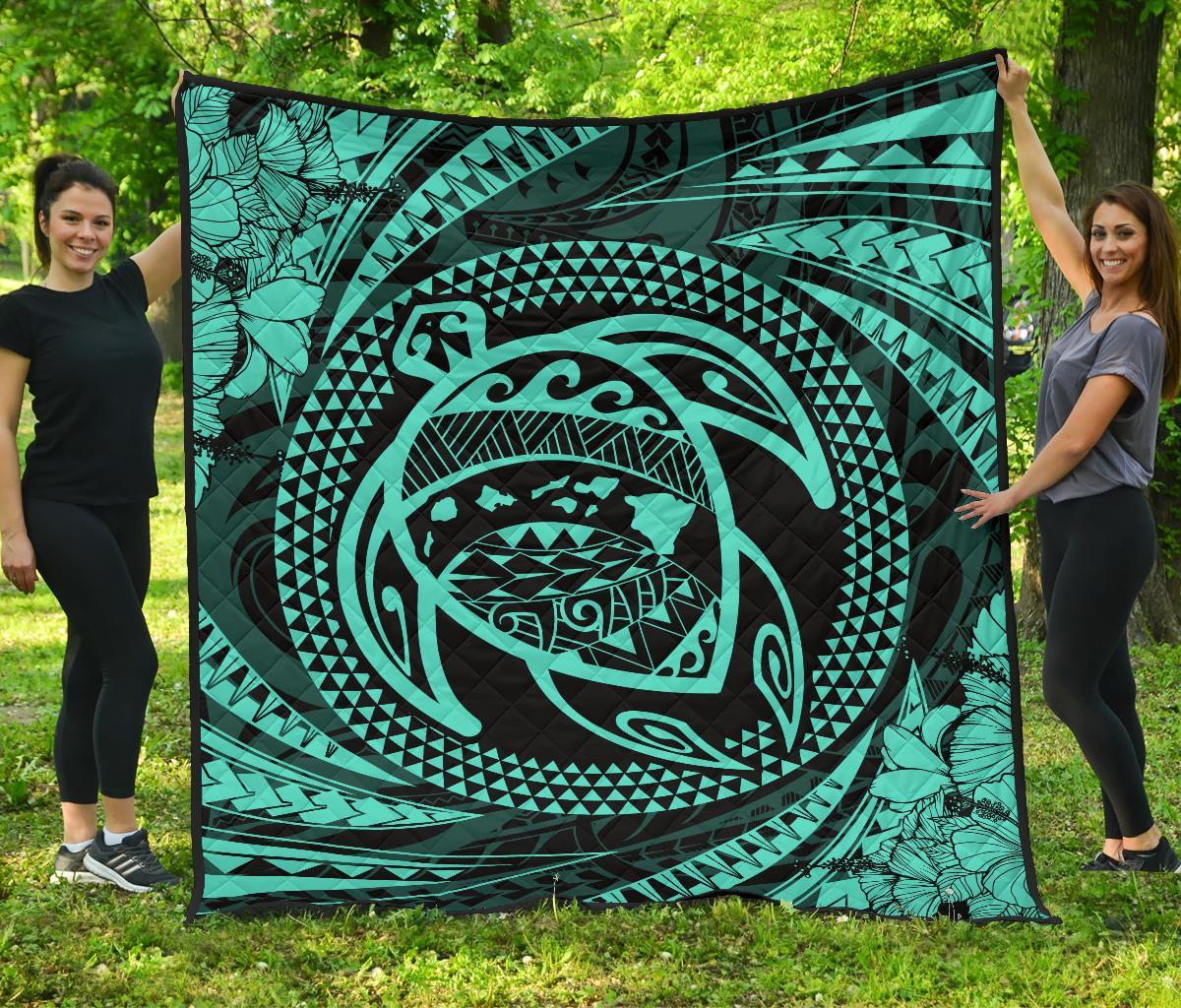 Hawaiian Kanaka Honu Hibiscus Tornando Turquoise Polynesian Premium Quilt Turquoise - Polynesian Pride