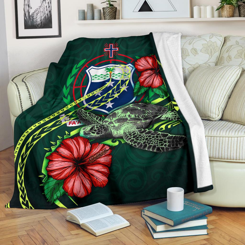 Samoa Polynesian Premium Blanket - Green Turtle Hibiscus White - Polynesian Pride