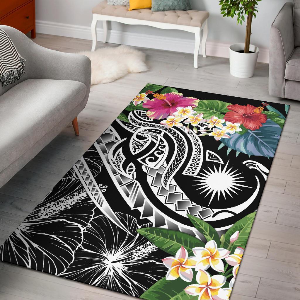 Marshall Islands Polynesian Area Rug - Summer Plumeria (Black) Black - Polynesian Pride