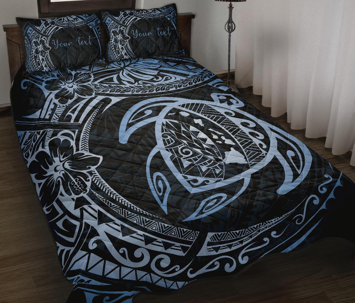 Personalized - Hawaii Map Turtles Hibiscus Quilt Bed Set - Pastel Blue - Polynesian Pride