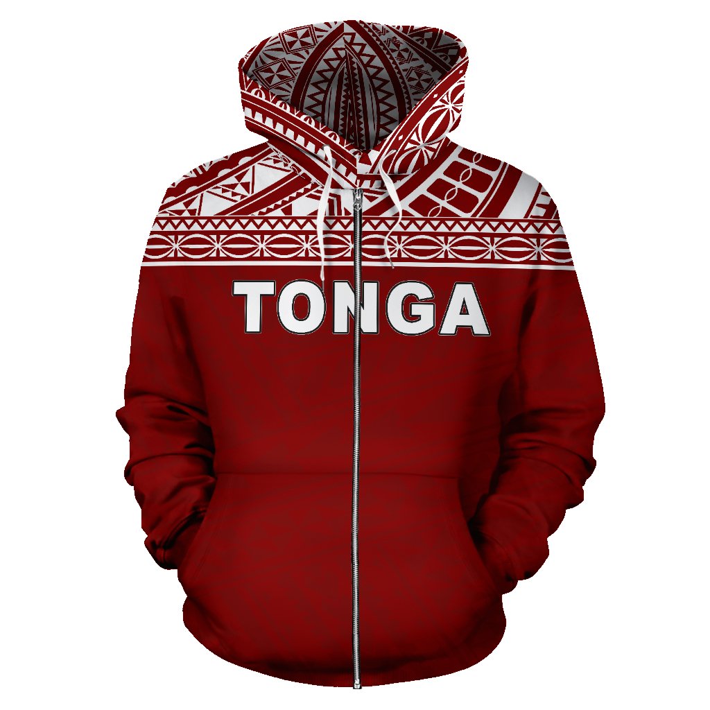 Tonga Polynesian All Over Zip up Hoodie Red Horizontal Style - Polynesian Pride