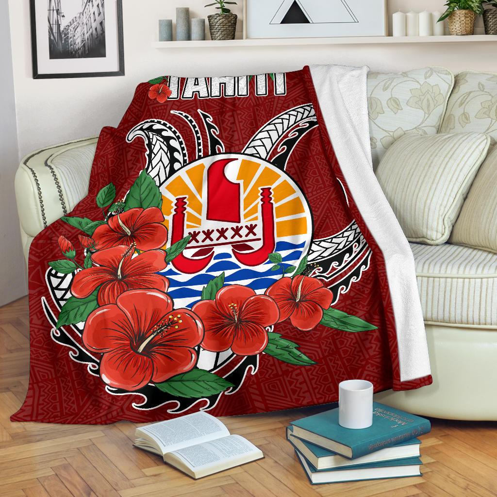 Tahiti Polynesian Premium Blanket - Hibiscus Coat of Arm Red White - Polynesian Pride