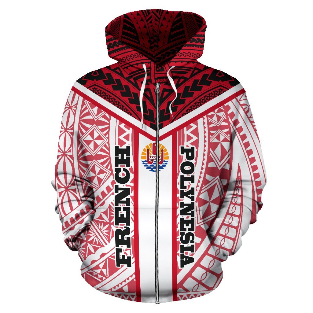 French Polynesia Zip Hoodie French Polynesia Flag Tattoo Red - Polynesian Pride