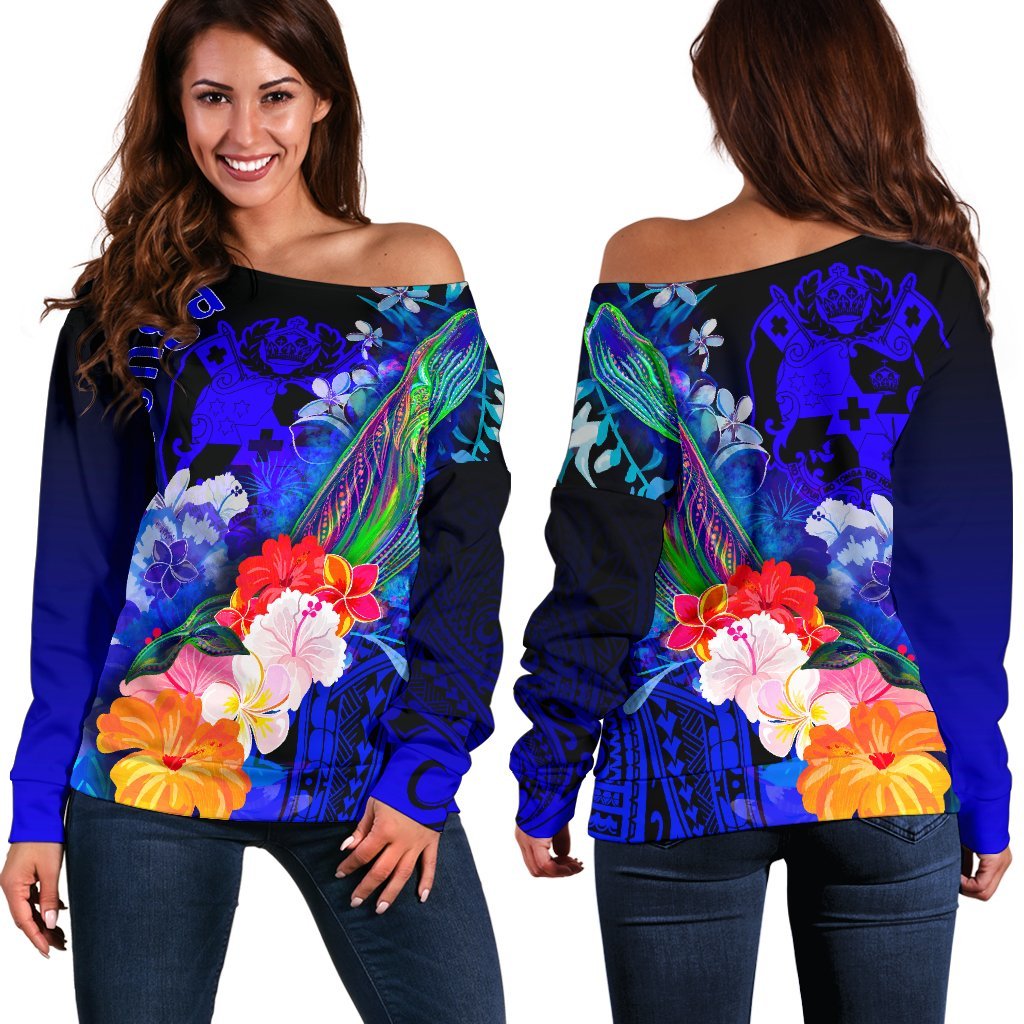 Tonga Women's Off Shoulder Sweater - Humpback Whale with Tropical Flowers (Blue) Blue - Polynesian Pride