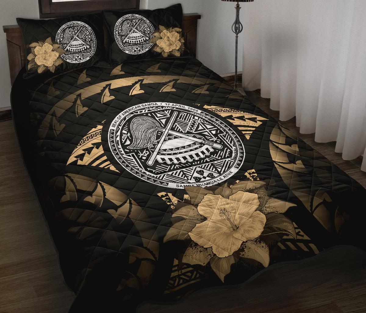 American Samoa Polynesian Quilt Bed Set Hibiscus Golden Black - Polynesian Pride