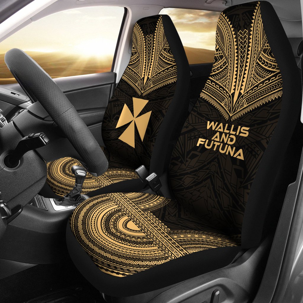 Wallis And Futuna Car Seat Cover - Wallis And Futuna Coat Of Arms Polynesian Chief Tattoo Gold Version Universal Fit Gold - Polynesian Pride