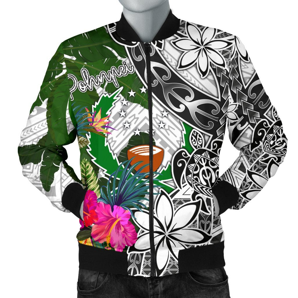 Pohnpei Men's Bomber Jacket White - Turtle Plumeria Banana Leaf White - Polynesian Pride