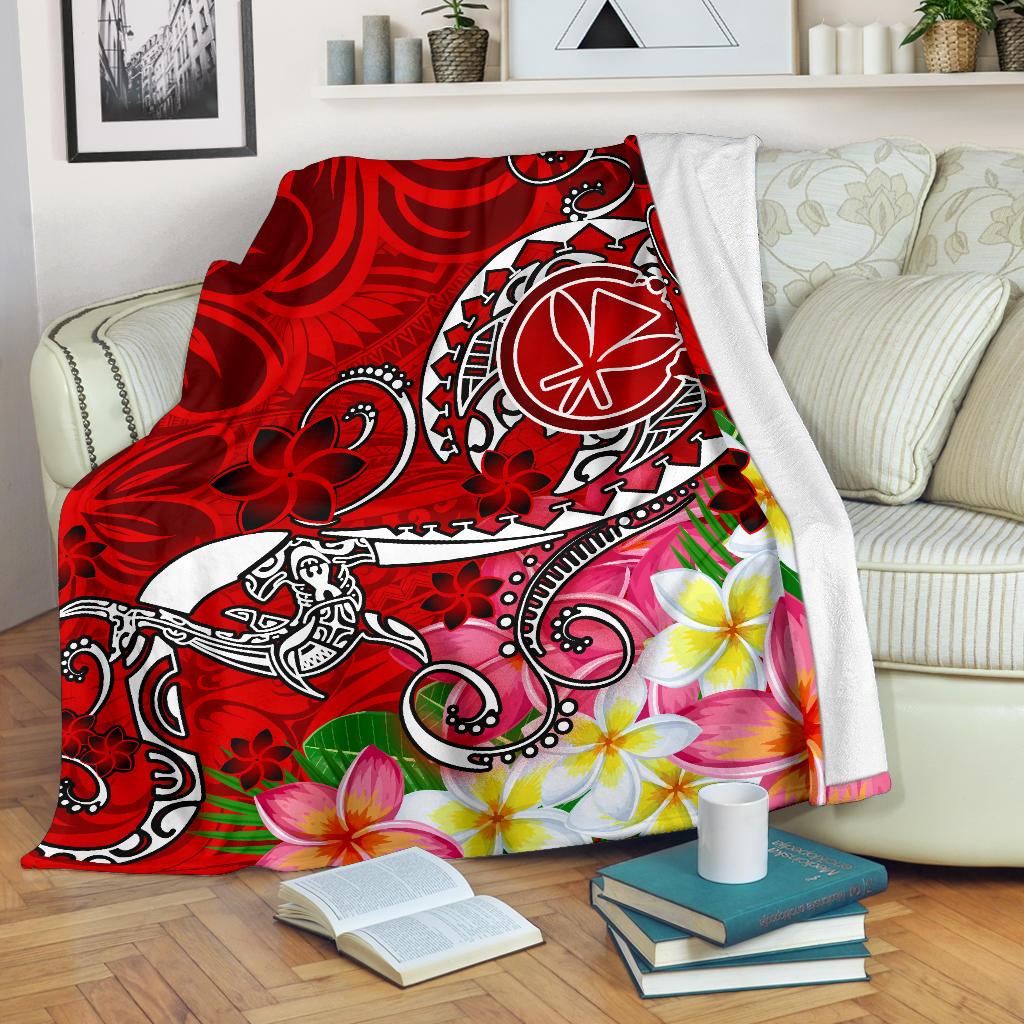 Hawaii Premium Blanket - Turtle Plumeria Polynesian Tattoo Red Color White - Polynesian Pride