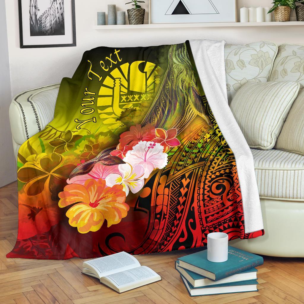 Tahiti Custom Personalised Premium Blanket - Humpback Whale with Tropical Flowers (Yellow) White - Polynesian Pride