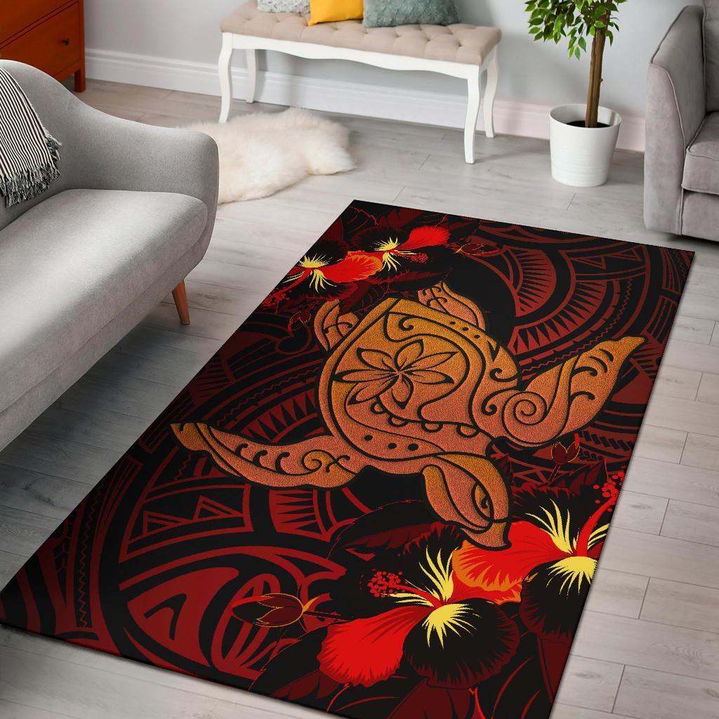 Hawaii Hibiscus Polynesian Red Big Turtle Area Rug AH Red - Polynesian Pride